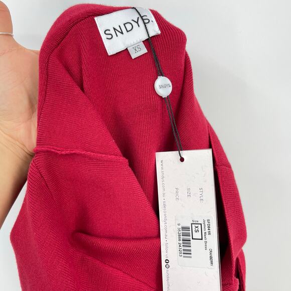 SNDYS | NWT Jaymes Maxi Dress Cranberry Red Sweater Knit Off Shoulder Sheath XS - Picture 4 of 14
